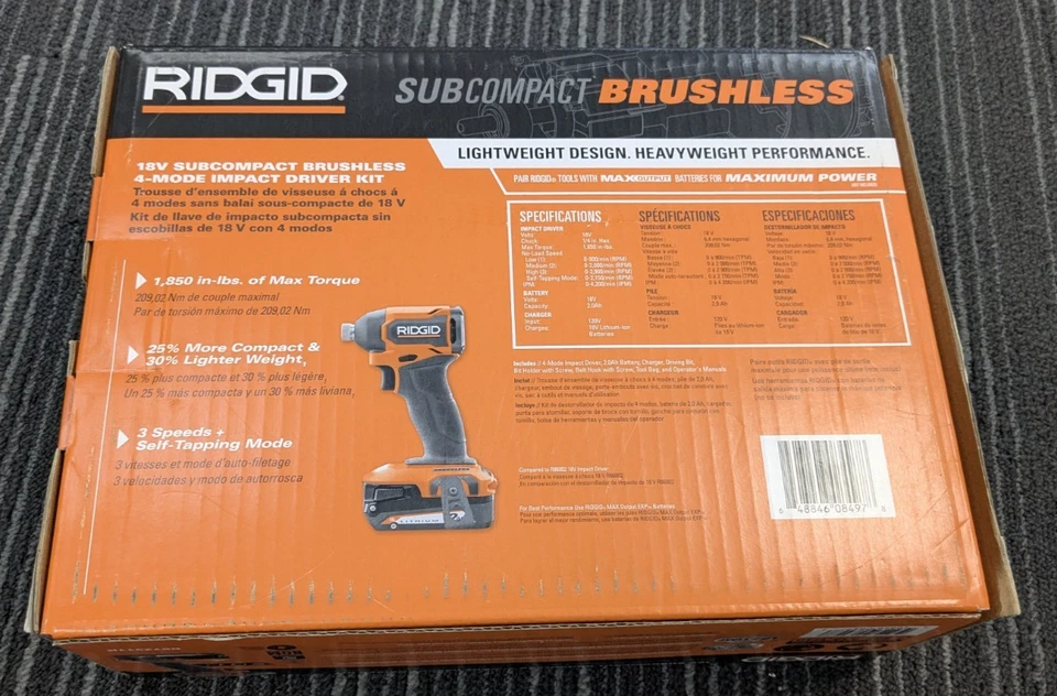 Ridgid *New In Box* SubCompact Brushless 18V 4Mode IMPACT DRIVER KIT R872311k - Image 2 of 3