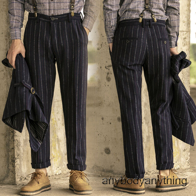 Men Wool Blend High Waist Straight Trouser Retro Striped Men Wool Blend High Waist Straight Trouser Retro Striped