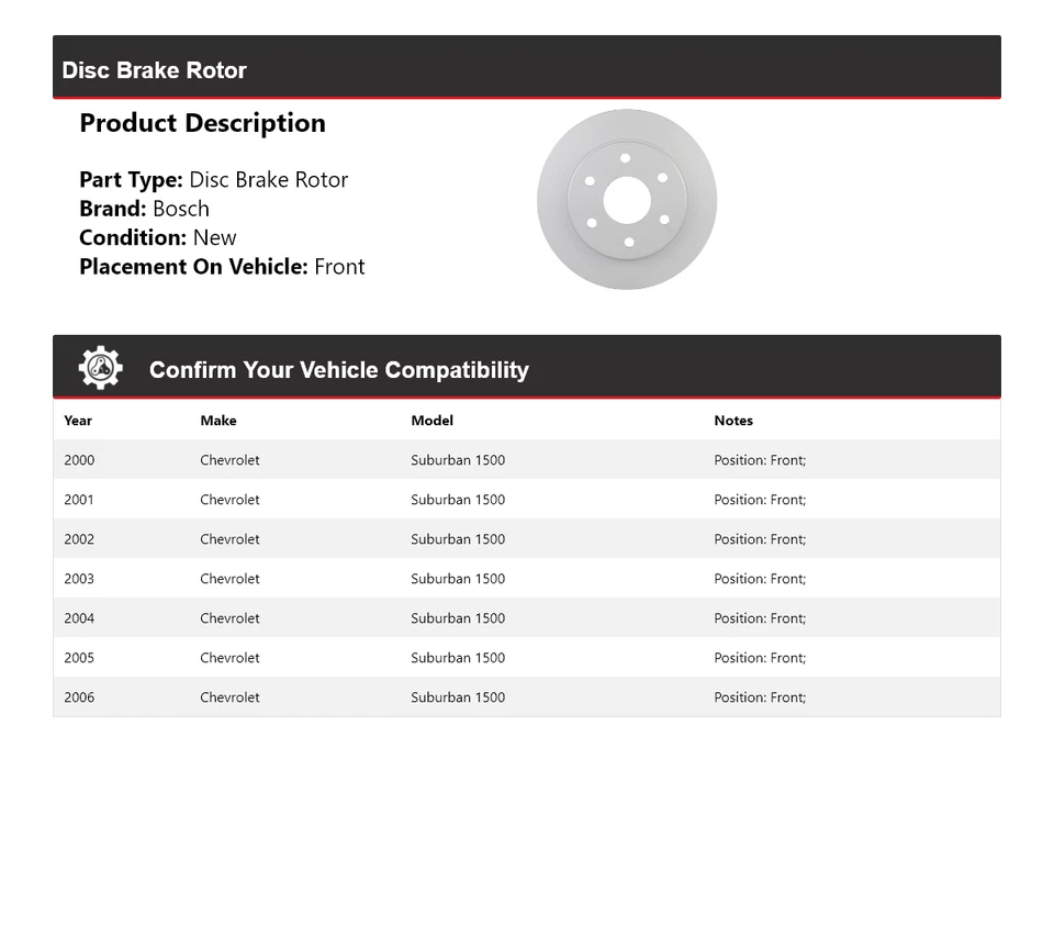 Rotor de freno de disco delantero QuietCast Bosch 2000-2006 Chevrolet Suburban 1500 Foto 2 de 4