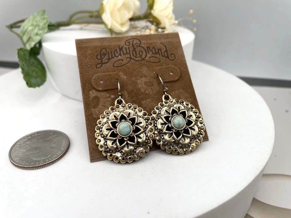 Pendientes colgantes con gancho de flor hueca turquesa/cristal tono dorado Lucky Brand Foto 4 de 4