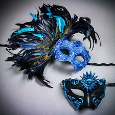 Venetian Sun God w/ Luxury LARGE Side Feather Masquerade Couple Party Mask BLUE