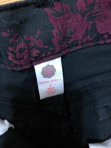 Total Girl Girls Pants Jeans Sz 8 Straight Black Red Floral Suede - Picture 2 of 3