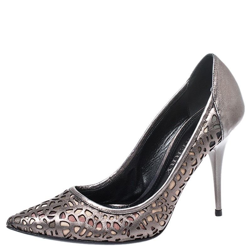 Burberry metallic olive green laser cut Nova check pointed toe pumps-image