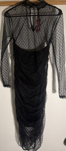 boohoo Black Mesh High Neck Ruched Polka Dot Midi Dress Size 10