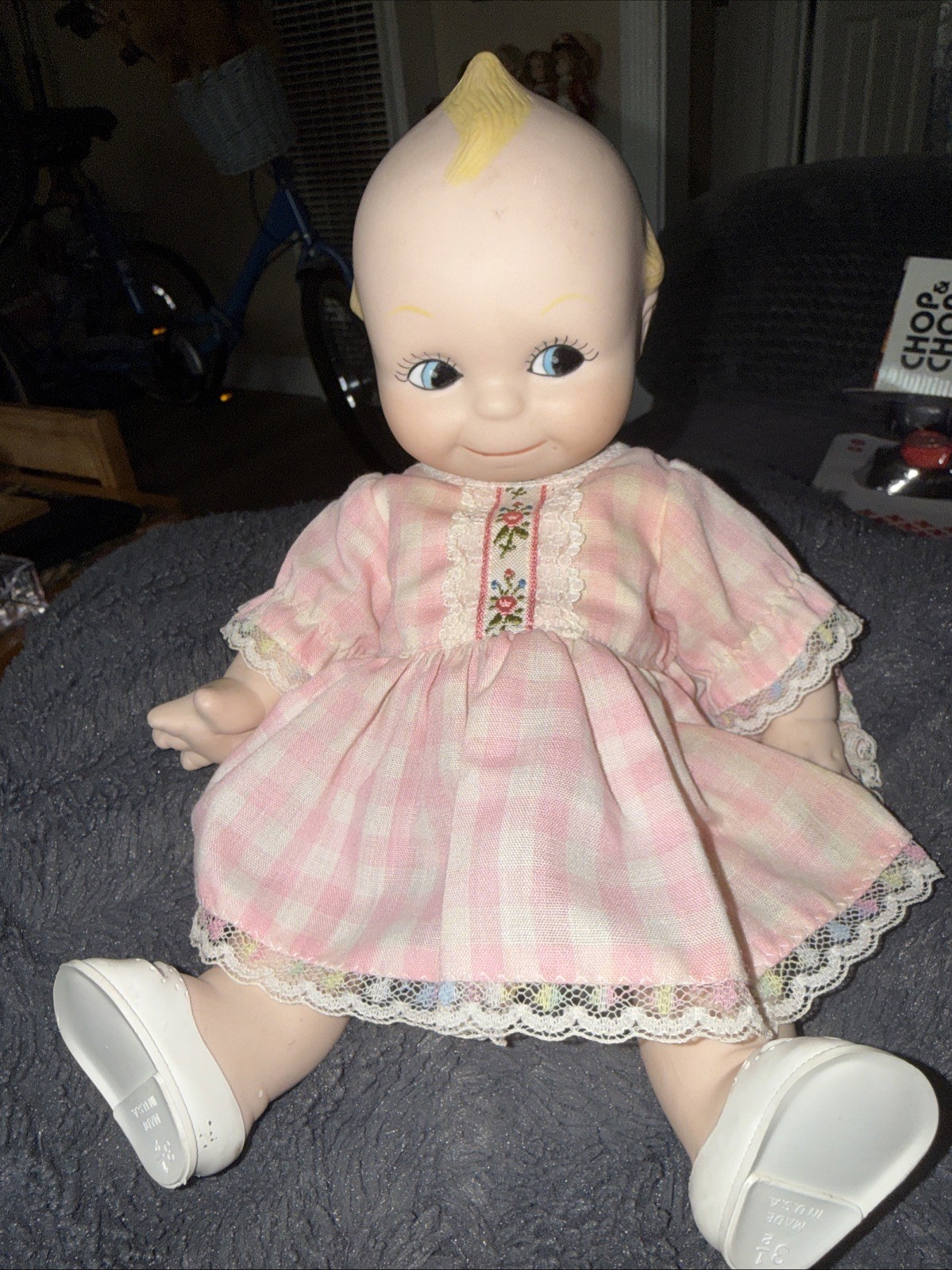 Vintage  Porcelain Kewpie Doll 10.5 Fully Jointed w/Lashes Pink Dress