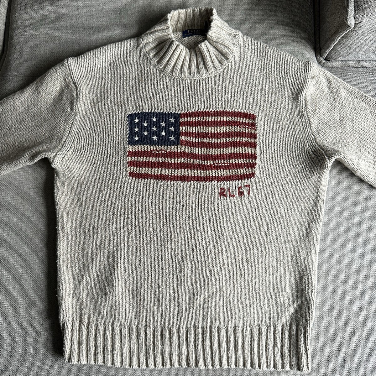 Vintage Polo Ralph Lauren Flag Sweater Mock Neck Tan size Medium