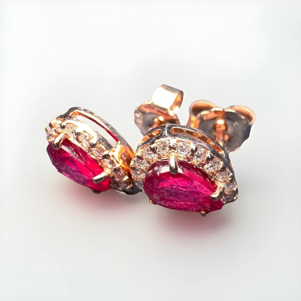 14K Rose Gold Pear Cut 3.00ct Natural Ruby & 0.36ct Natural Diamonds Earrings - Image 2 of 4