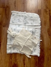 Baby Blanket w/ Tassles 100 Organic Muslin Cotton Boho Floral w/Bunny Lovey