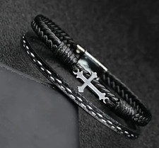 New Men's Cross Braided Bracelet Leather Cuff Bracelet Bangle Magnetic Clasp
