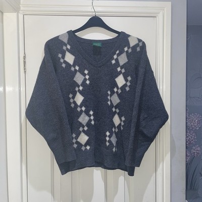 Vintage Canda Dark Grey Argyle Pattern V Neck Wool Knitted Jumper Large 22  P2P