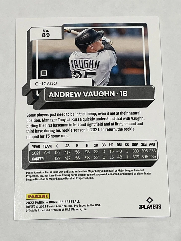 2022 Donruss Baseball Holo Purple - Andrew Vaughn - Chicago White Sox - Image 2 of 2