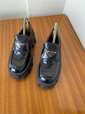 Prada monolith brushed leather loafers with chunky rubber lug sole size 35 EU