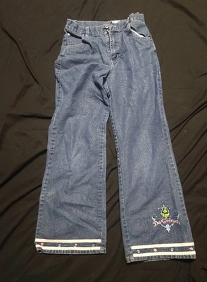 Dr Seuss Grinch Glitter Jeans Embroidered Rhinestone Cuff Y2K