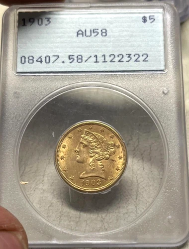 1903 $5 US Liberty Gold PCGS AU58 Old Rattler Holder