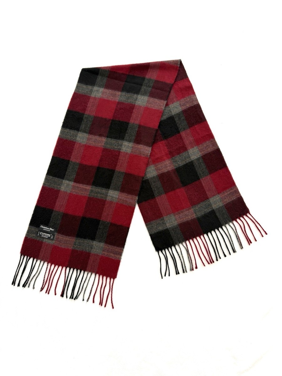 Authentic Christian Dior Monsieur Plaid Fringe Red Cashmere  display picture 2