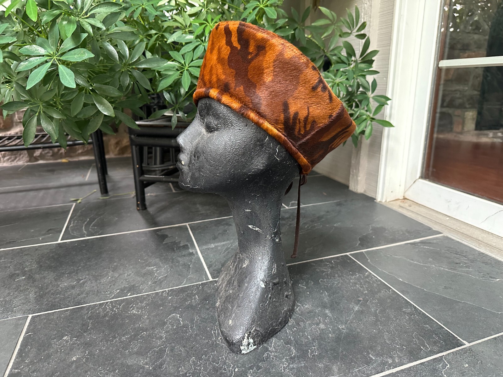 Cappello vintage marrone ruggine mimetico capelli pelle di mucca berretto stile pony Eric Javits