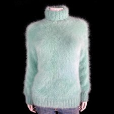 100% Angora Fuzzy Hand-Knit Bluish-Green Long...