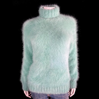 100% Angora Fuzzy Hand-Knit Bluish-Green Long-Sleeve Turtleneck Sweater 38