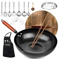 12.6'' Carbon Steel Wok Pan, 14 Piece Stir Frying Pans Set With Wooden  Lid