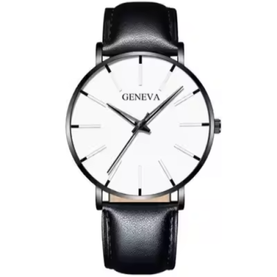 Mens Formal Casual Smart White Black Leather Strap Analogue Quartz Wrist  Watch