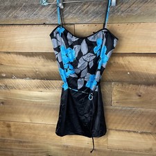 Vintage Ladies Size 14/36 Black, Blue Grey Floral Two-Piece Tankini Swimsuit