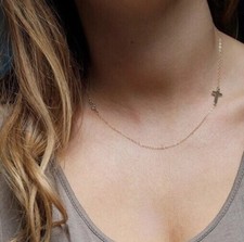Women's Gold or Silver Plated Small Sideways Cross Choker Pendant Necklace N28
