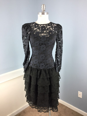 Vintage S Navy Blue Black Lace Tiered Rockabilly Dress Long Slv Cocktail  Wow Euc | eBay