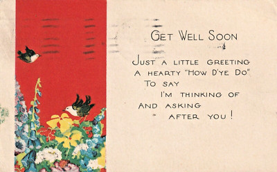 GET WELL SOON POSTCARD with Poem Thinking of You Birds & Flowers Vintage 1928