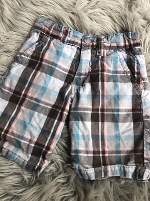DID TOO Toddler Boys size 2, brown, orange, blue plaid adjustable waist shorts