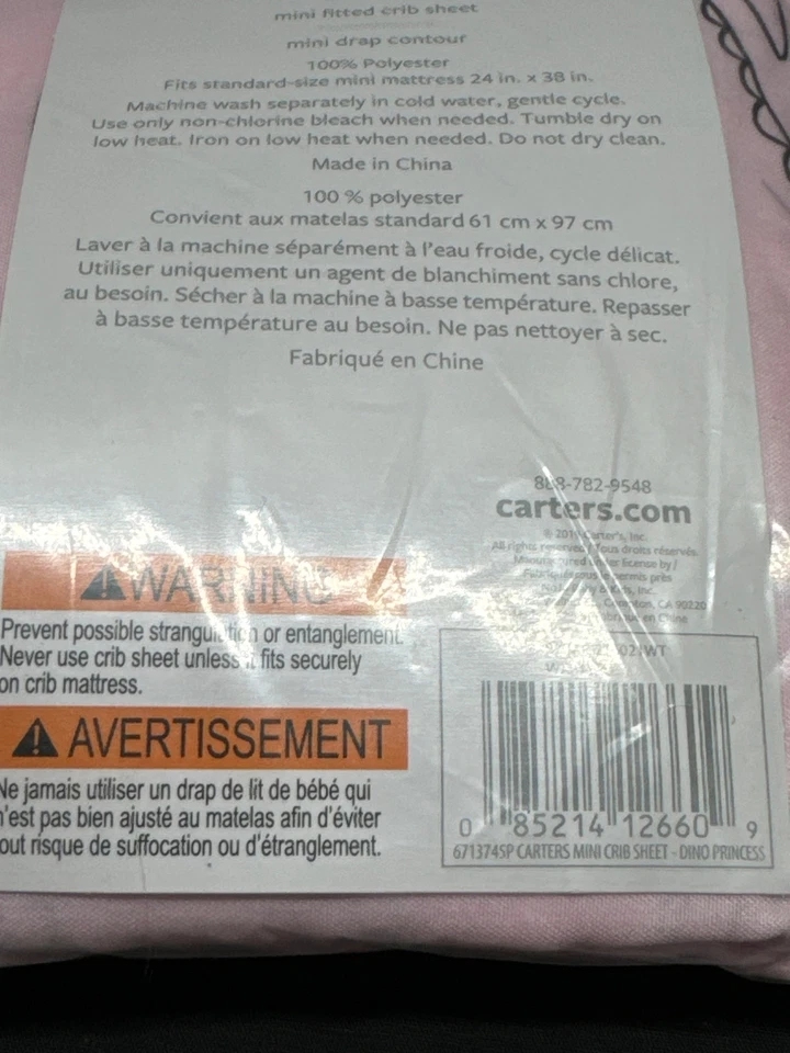Carters Dino Princess Mini Sábana Ajustable para Cuna 24" X 38" 100% Poliéster Bebé Beddi Foto 3 de 4
