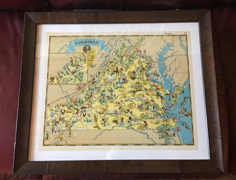 Vintage 1935-38 Illustrated Map ~ VIRGINIA by Ruth Taylor  Nicely Framed Funny