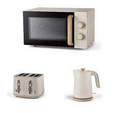 Cream Wood Effect Scandi Kitchen Set 17L Microwave 4 Slice Toaster Kettle