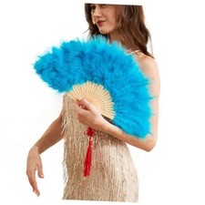 Handheld Marabou Feather Fan, 1920s Vintage Style Flapper Hand Fan Acid Blue