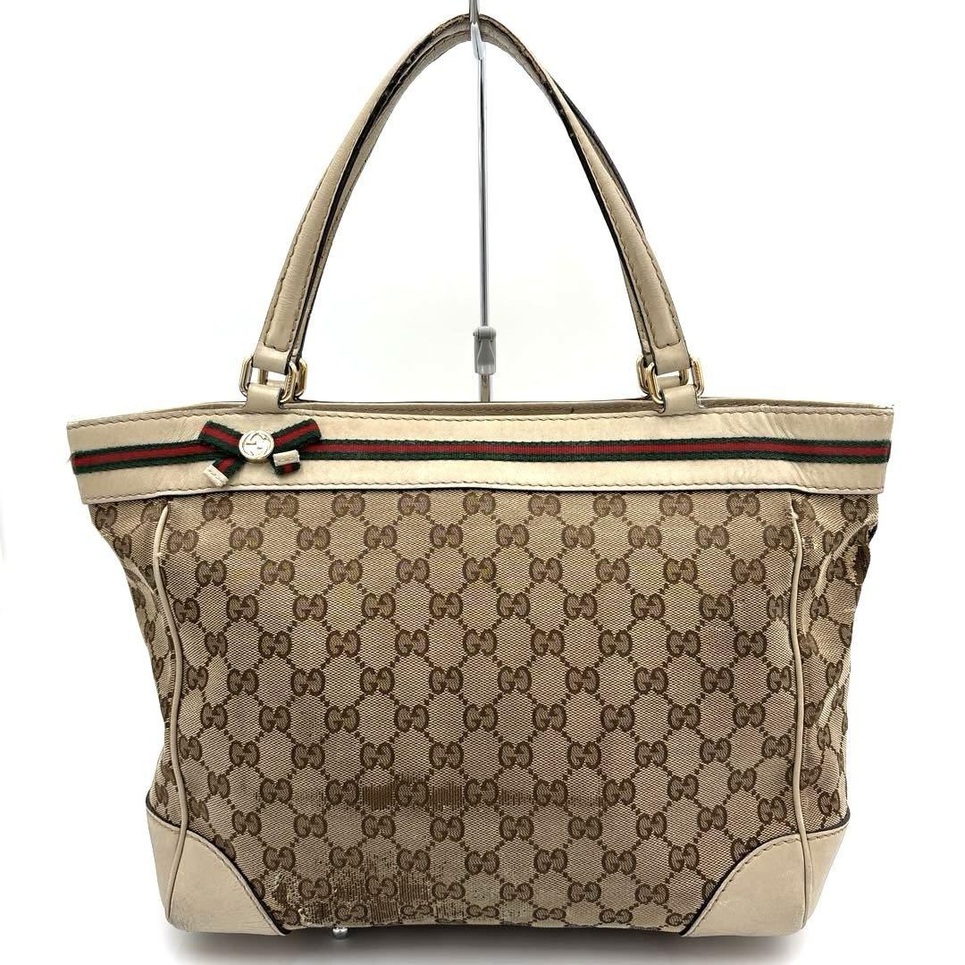 GUCCI GG Sherry Line White Ribbon Canvas Leather Tote Handbag