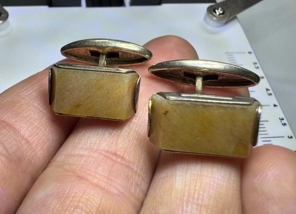 Gemelos soviéticos vintage de plata de ley 875 con piedra de ágata amarilla URSS 7,46 g. Foto 4 de 4