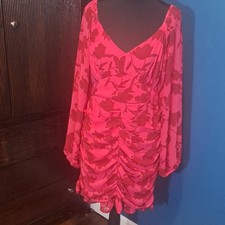 Lush Pink Red Floral Ruched Chiffon Bodycon Dress size L Long Sleeve Short