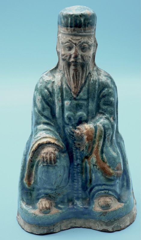 Vintage Chinese Ming Dynasty Ceramic Figure Bearded Man in Turquoise Dress