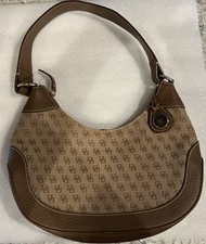 Dooney Bourke Medium Hobo Bag Tan Brown Signature Logo Canvas Leather EUC