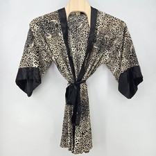 VTG Frederick's of Hollywood Satin Robe Kimono One Size Leopard Face Belted RARE