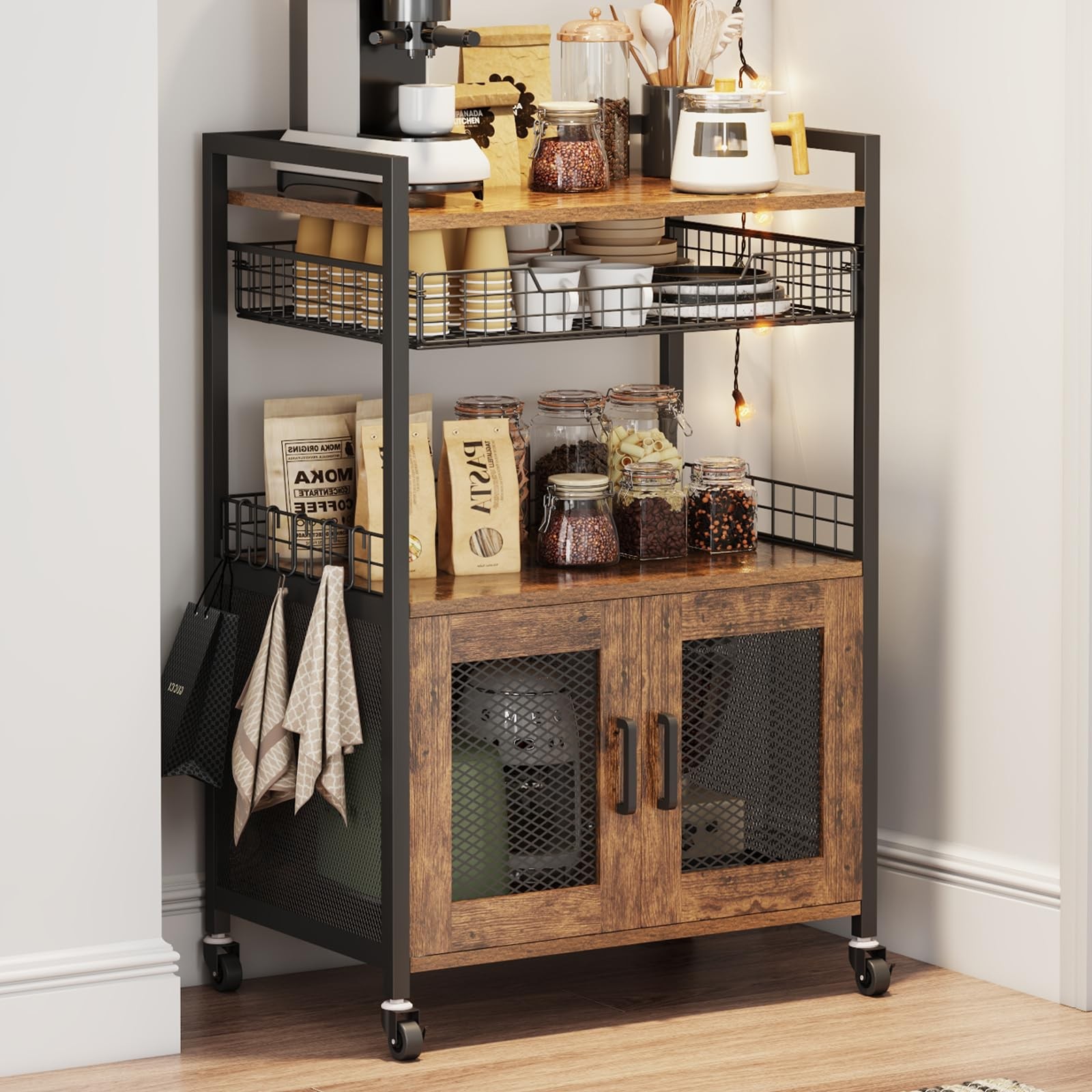 Coffee Bar Cabinet, 3 Tier Coffee Station Table on Wheels, 35.9" H Bar Cart w...