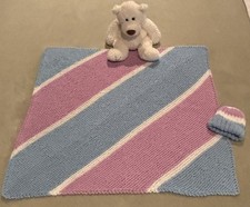 NEW hand knit SOFT blue white purple Baby blanket, 28 x 29 Bonus knit cap