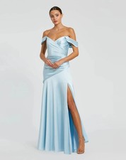 Mac Duggal 56037 Blue Satin Off The Shoulder Crossover Gown Sz 4 NWD