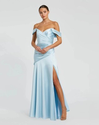 Mac Duggal 56037 Blue Satin Off The Shoulder Crossover Gown Sz 4 NWD