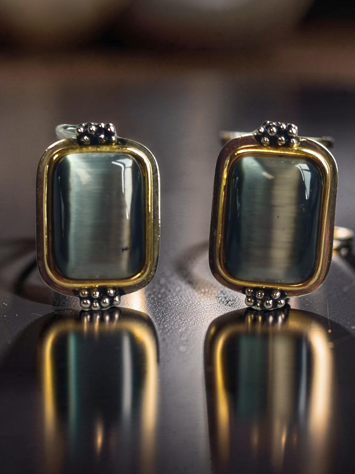 Artisan earrings featuring rectangular cat's eye … - image 1