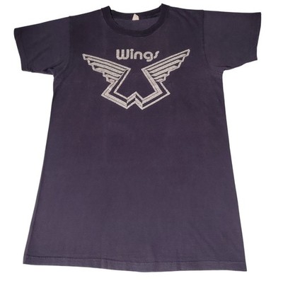 Wings Paul McCartney Band T-Shirt Faded Black Glitter Logo S Vtg 70s - Imperfect