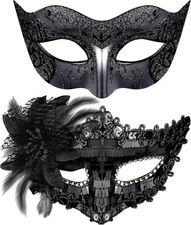 SIQUK Couple Masquerade Masks Set Venetian Party Mask Costume Sequins Black 