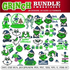 Grinchy Christmas embroidery bundle 28 | 5 sizes each | Christmas Embroidery Zip