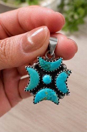 925 Sterling Silver Turquoise Crescent Moon Pendant Southwestern Boho