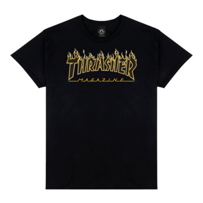 Thrasher Magazine FLAMES LOGO Skateboard T Shirt BLACK w/GREY/YELLOW Outline