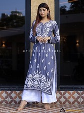 Grey Sanaya Modal Chikankari Straight Kurti Lucknow Chikankari Handmade Kurti